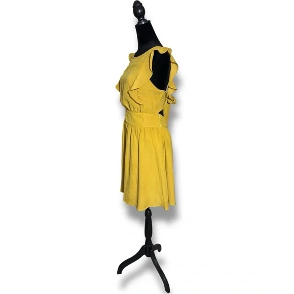Ivy Chic Mustard Ruffle Sleeves Gathered Waist Cutout Tie Back Mini Dress - Picture 3 of 16